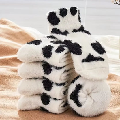 2 Pairs Cute Cow Spots Print Socks, Thickened & Warm Coral Fleece Socks, Women'S Stockings & Hosiery