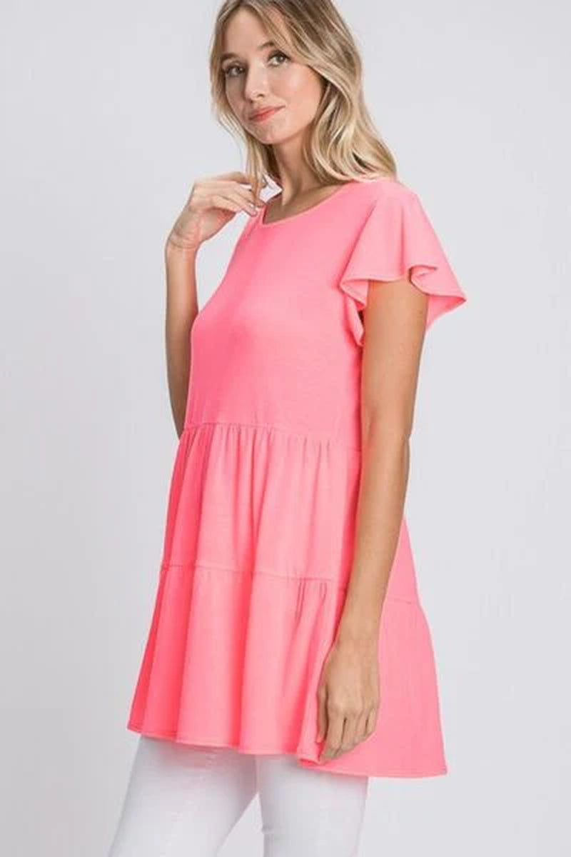 Heimish Full Size Tiered round Neck Ruffle Sleeve Top plus Size