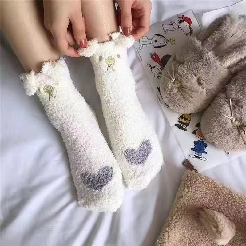 2 Pairs Cute Cow Spots Print Socks, Thickened & Warm Coral Fleece Socks, Women'S Stockings & Hosiery